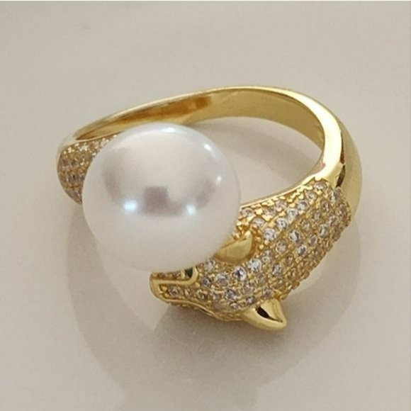 925S Genuine 10 mm Freshwater Pearl Adjustable Gold Ring With Leopard Design - Picture 13 of 16